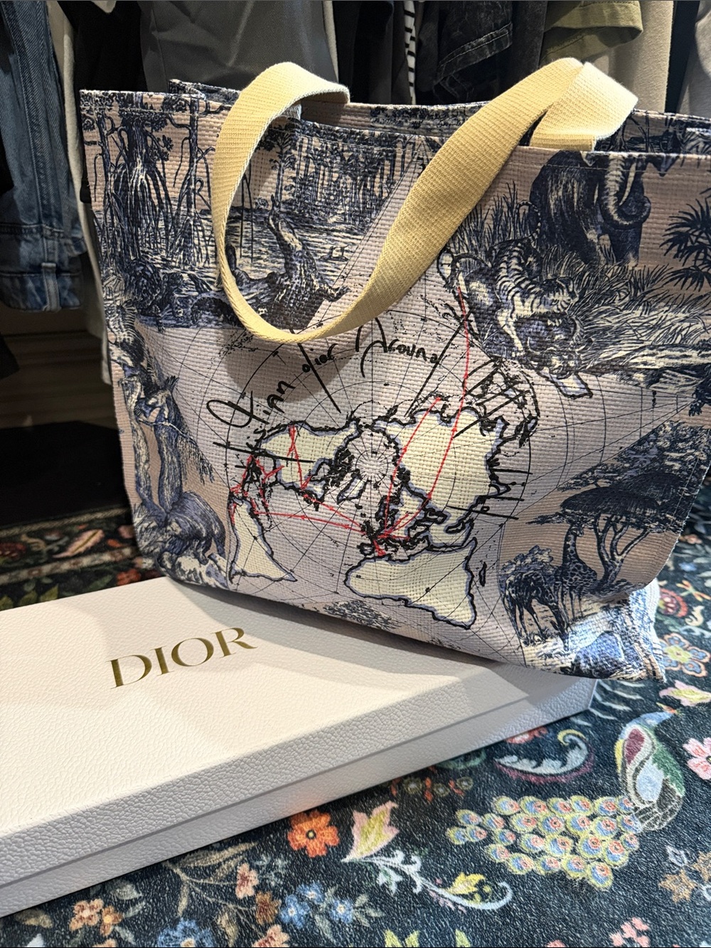 Dior Beige Canvas Tote with Navy Toile and Yellow Handles